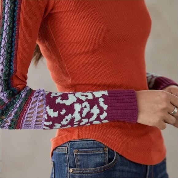 Free People Orange Boho “Switch It Up Thermal” Long Sleeve Knitted Top Size L - Picture 3 of 6